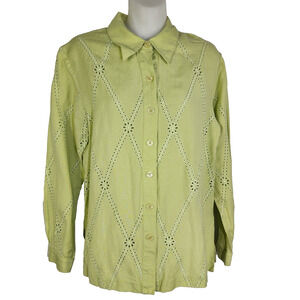 Coldwater Creek Womens Shirt Linen Blend Button Front Eyelet Long Sleeve Size 6